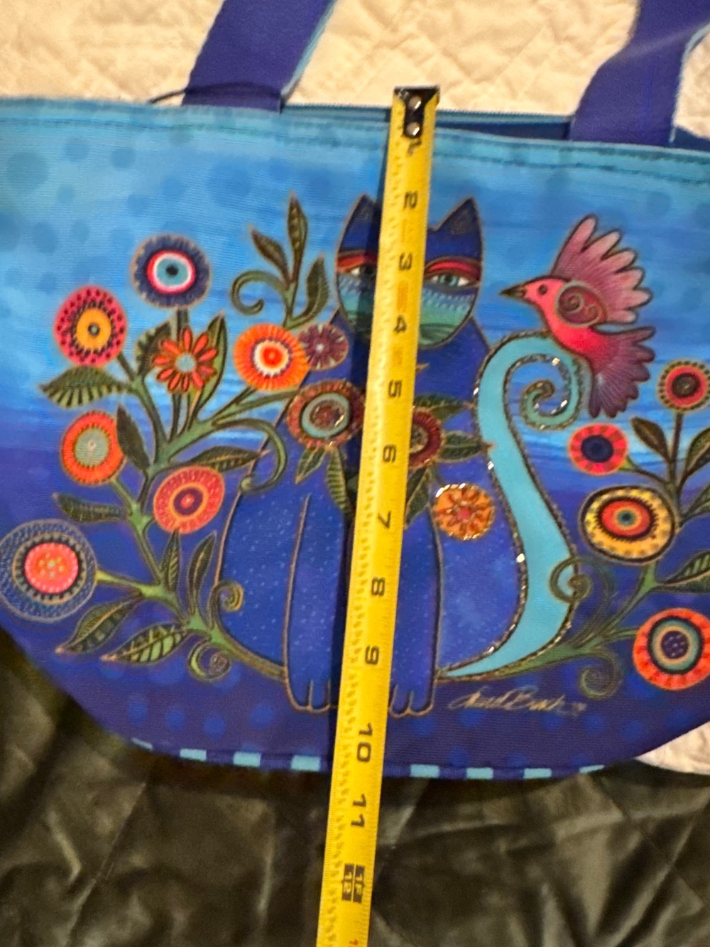 Laurel Burch Blue Teal Floral Cat Canvas Tote - Picture 4 of 5